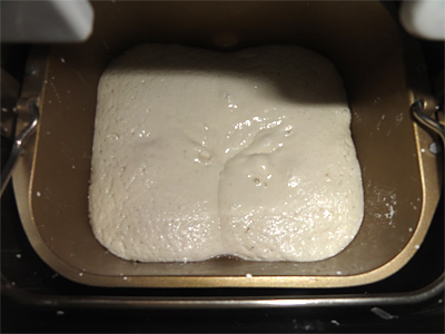 玄米食パン発酵段階。水が多すぎるのは一目瞭然なのですが...