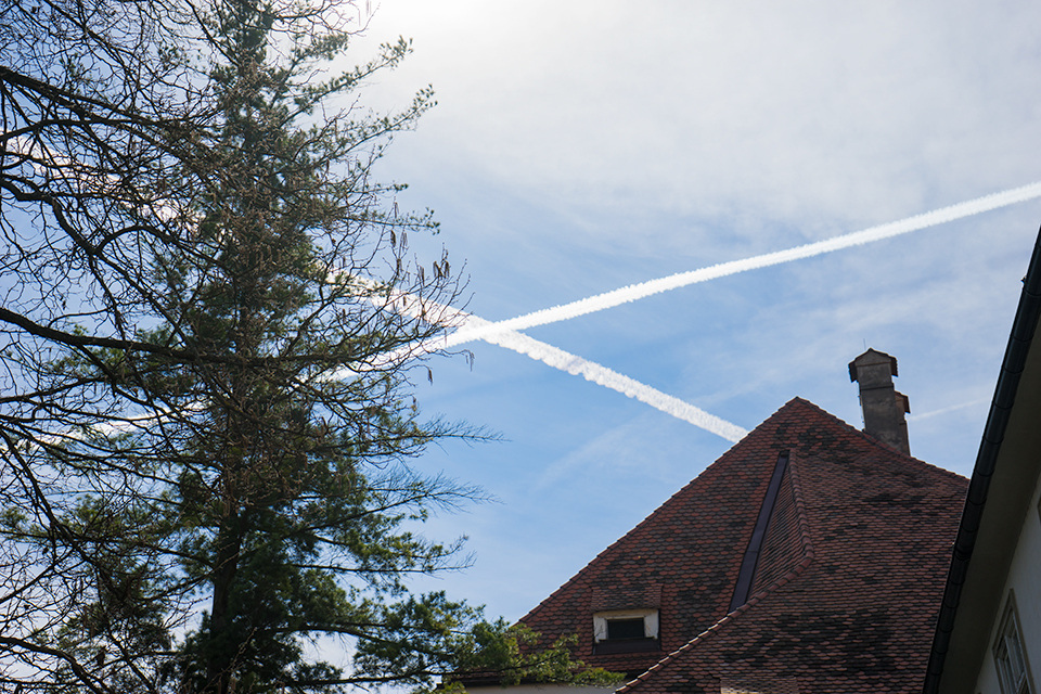 王宮の庭で見た空。飛行機雲のクロス。